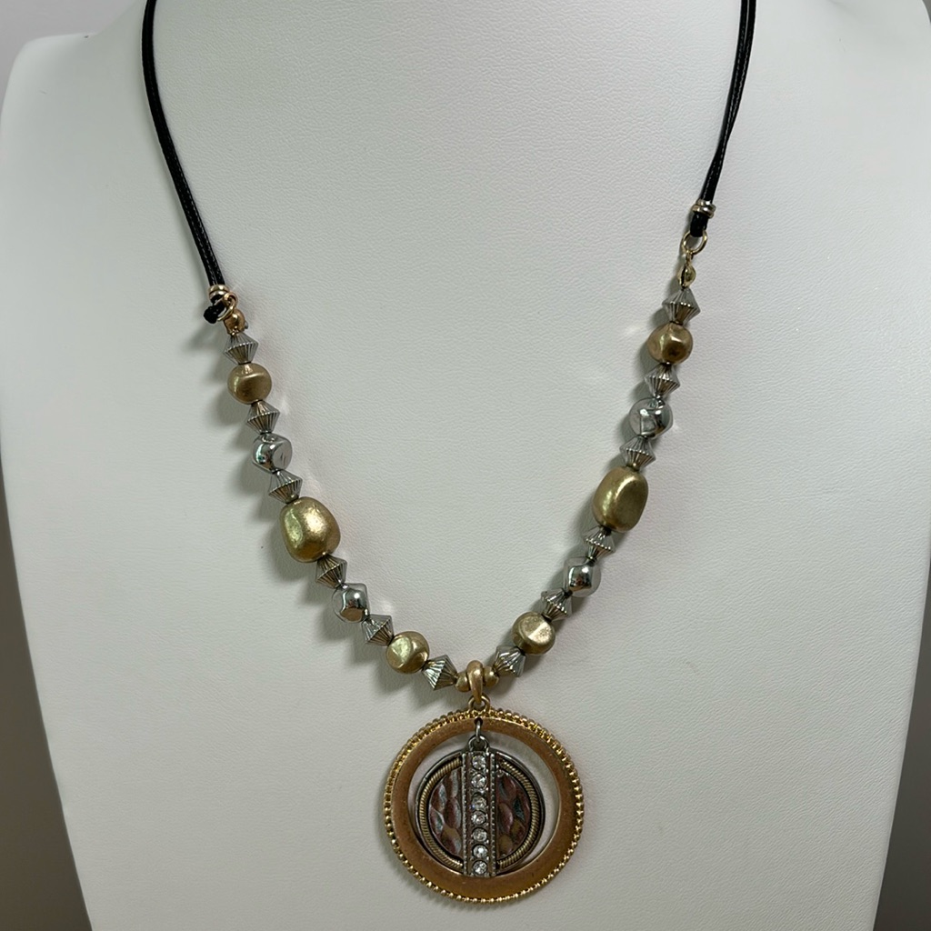 Antique Gold Tone Necklace With Silver Tone Beads Black Cord  Lobster